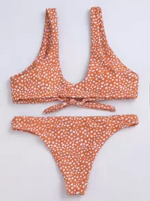 Dalmatian Print Knot Front Bikini Set Summer Beach - Rust Brown - View 4