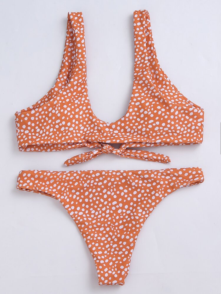 Dalmatian Print Knot Front Bikini Set Summer Beach - Rust Brown - View 4