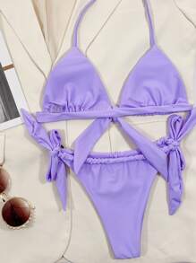 Knot Halter Top & Tie Side Bottom Bikini Set, For Summer Beach Vacation - Lilac Purple - View 2