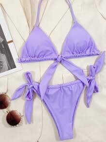 Knot Halter Top & Tie Side Bottom Bikini Set, For Summer Beach Vacation - Lilac Purple - View 3