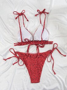 Dalmatian Self Tie Micro Triangle Bikini Set, For Summer Beach Vacation - Red - View 2
