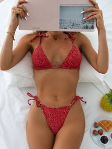 Dalmatian Self Tie Micro Triangle Bikini Set, For Summer Beach Vacation - Red - View 3
