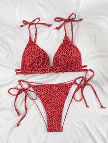 Dalmatian Self Tie Micro Triangle Bikini Set, For Summer Beach Vacation - Red - View 4