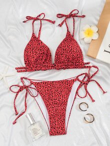 Dalmatian Self Tie Micro Triangle Bikini Set, For Summer Beach Vacation - Red - View 6