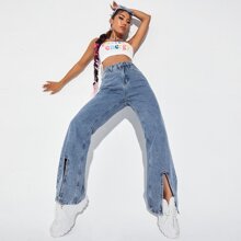 Zipper Fly Split Hem Flare Leg Jeans