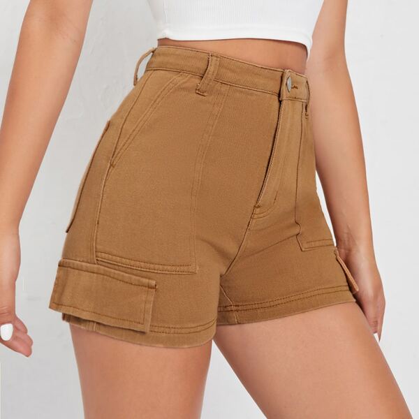 

Zipper Fly Flap Detail Denim Shorts, Khaki