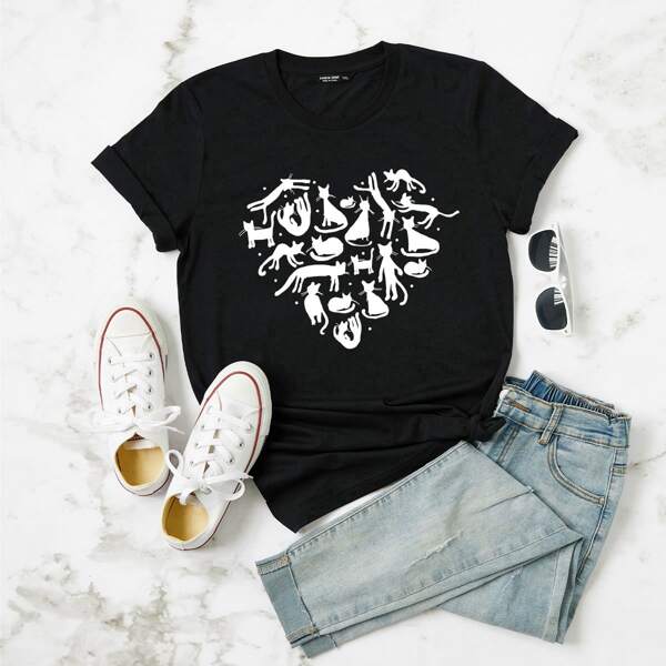 

Plus Cartoon Cat Print Tee, Black