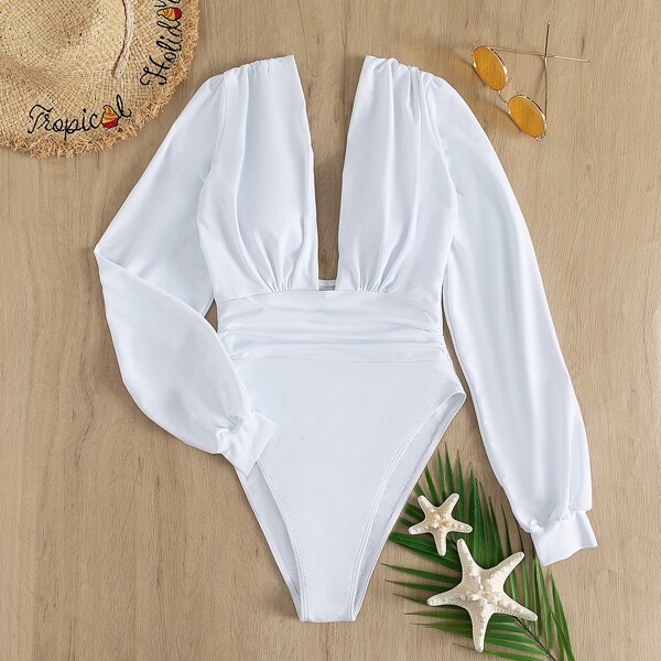 

Ruched Plunging One Piece Swimsuit, White