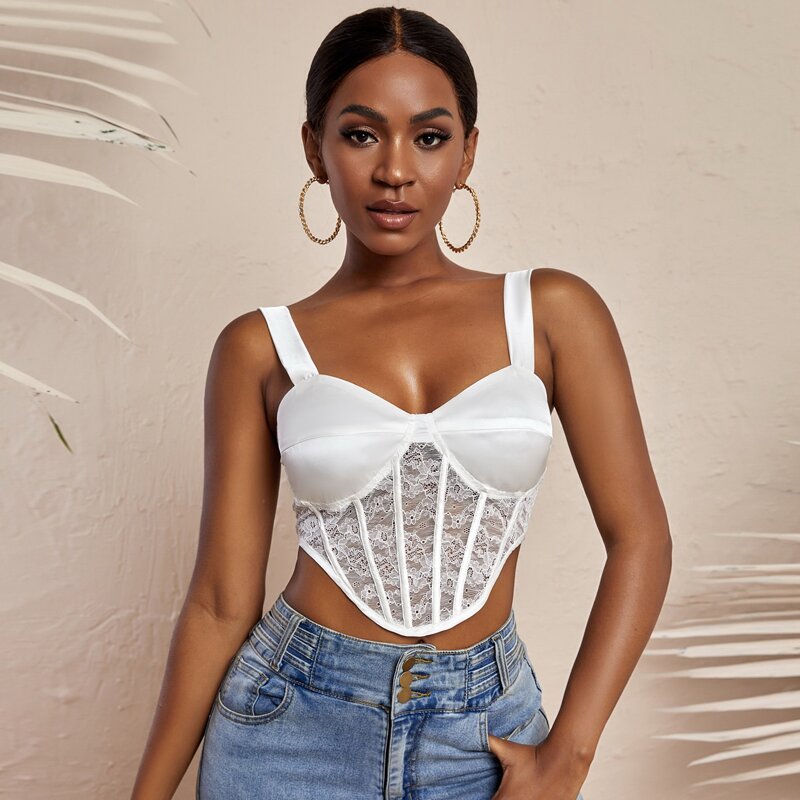 

Lace Insert Asymmetrical Hem Cami Top, White