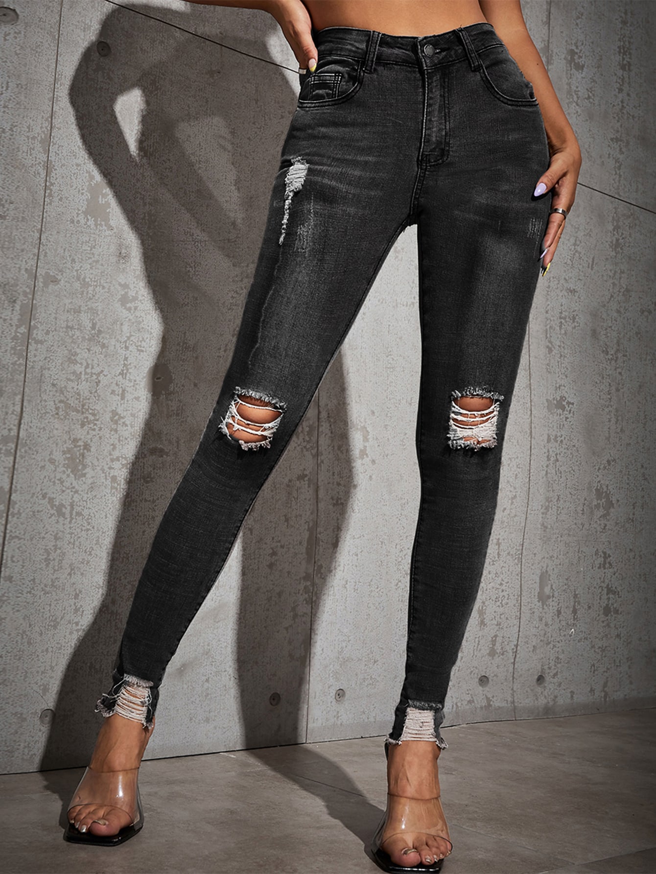 High Stretch Raw Hem Ripped Skinny Jeans