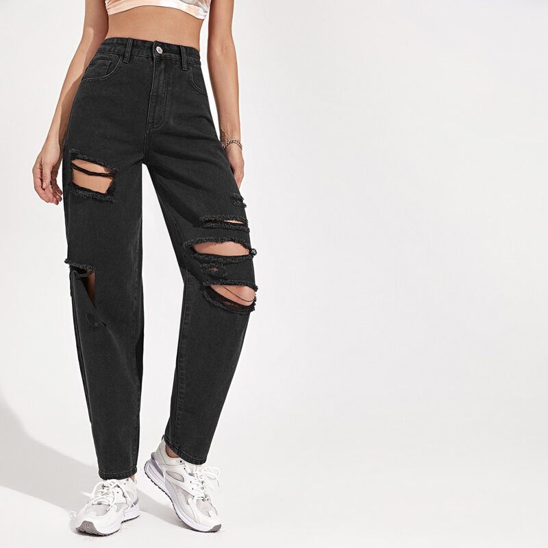 

Zipper Fly Ripped Detail Jeans, Black