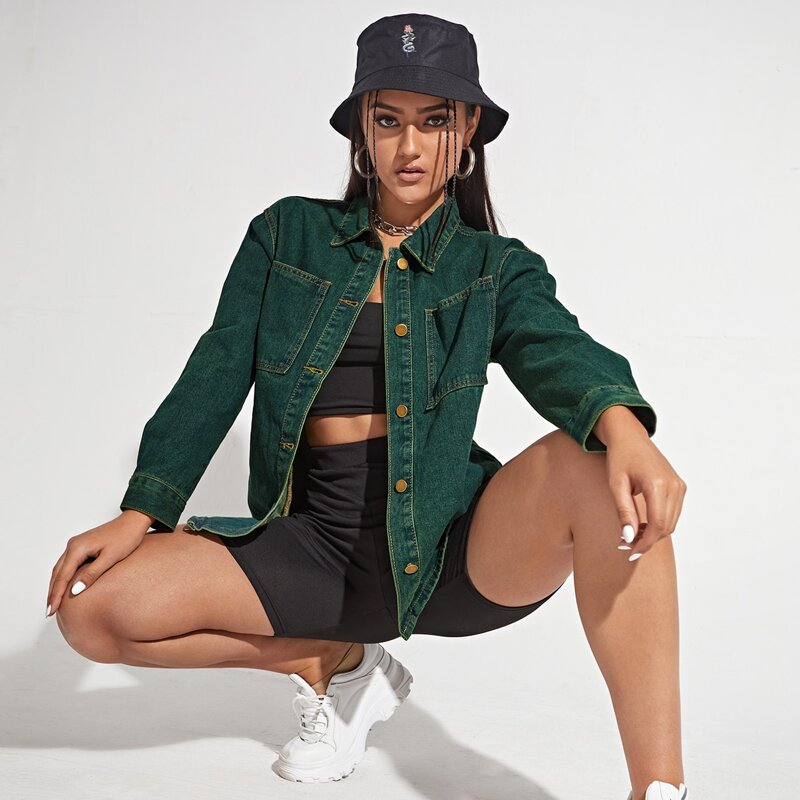 

Patch Pocket Button Placket Denim Jacket, Dark green
