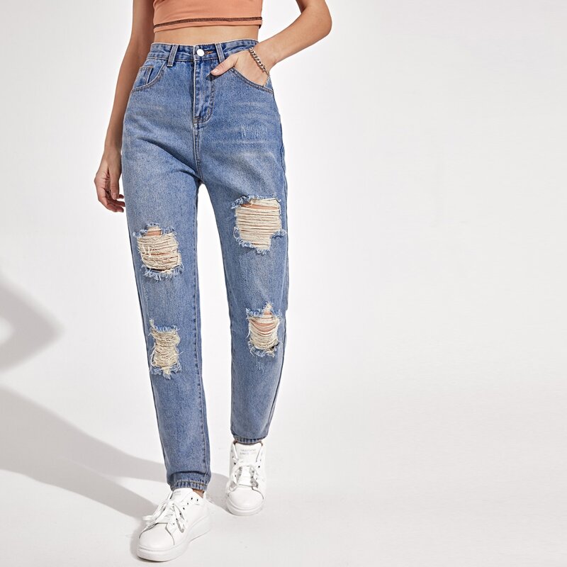 

High Waisted Ripped Jeans, Medium wash