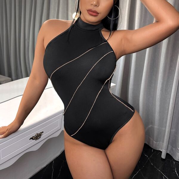 

Contrast Stitching Halter Bodysuit, Black