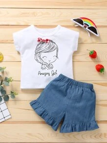 Camiseta con estampado de dibujos animados con shorts mezclilla bajo fruncido - Azul y blanco - Ver 1