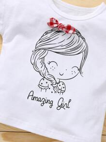 Camiseta con estampado de dibujos animados con shorts mezclilla bajo fruncido - Azul y blanco - Ver 4