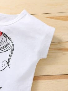 Camiseta con estampado de dibujos animados con shorts mezclilla bajo fruncido - Azul y blanco - Ver 5