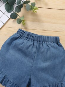 Camiseta con estampado de dibujos animados con shorts mezclilla bajo fruncido - Azul y blanco - Ver 6