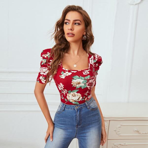 

Allover Floral Puff Sleeve Square Neck Tee, Multicolor