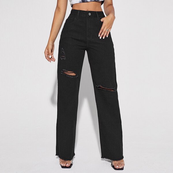 

Ripped Raw Hem Wide Leg Jeans Without Belt, Black