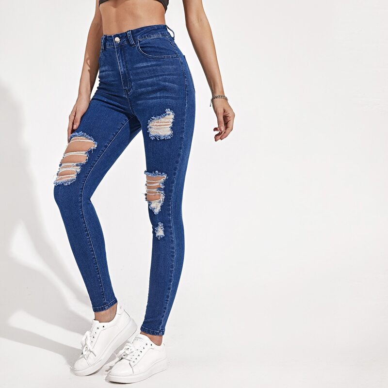 

Zipper Fly Ripped Detail Jeans, Dark wash