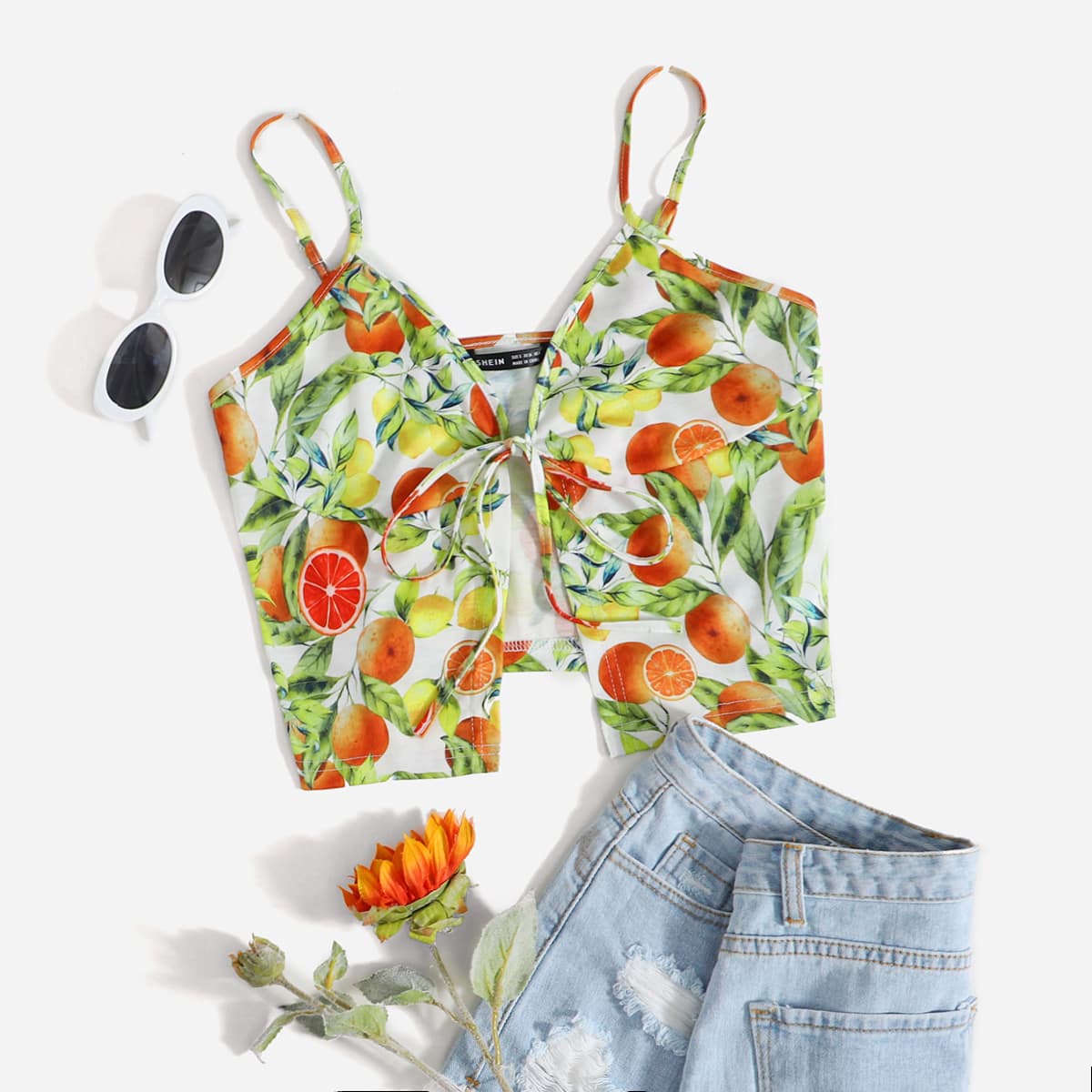 

Orange Print Tie Front Cami Top, Multicolor