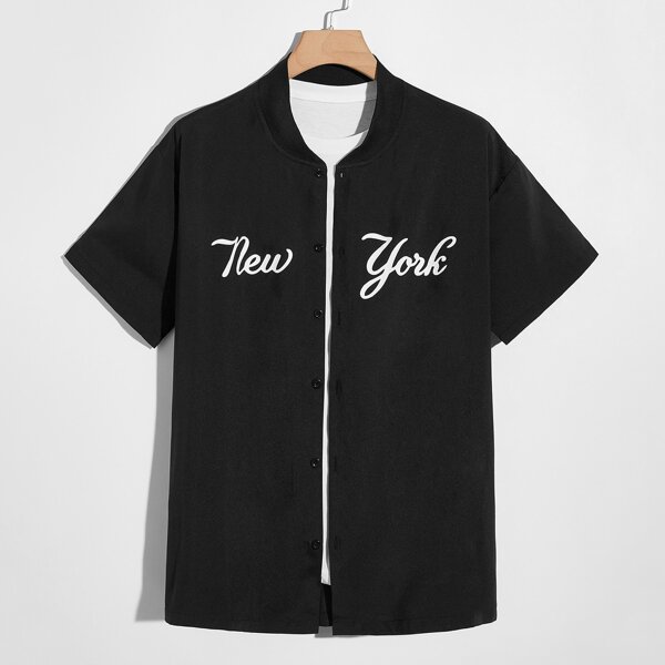 

Men Letter Graphic Button Front Shirt, Black