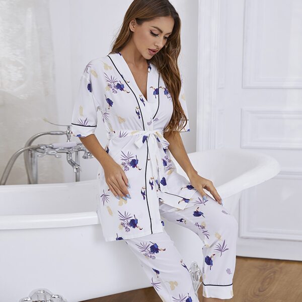 

Plants Print Contrast Binding PJ Set, White