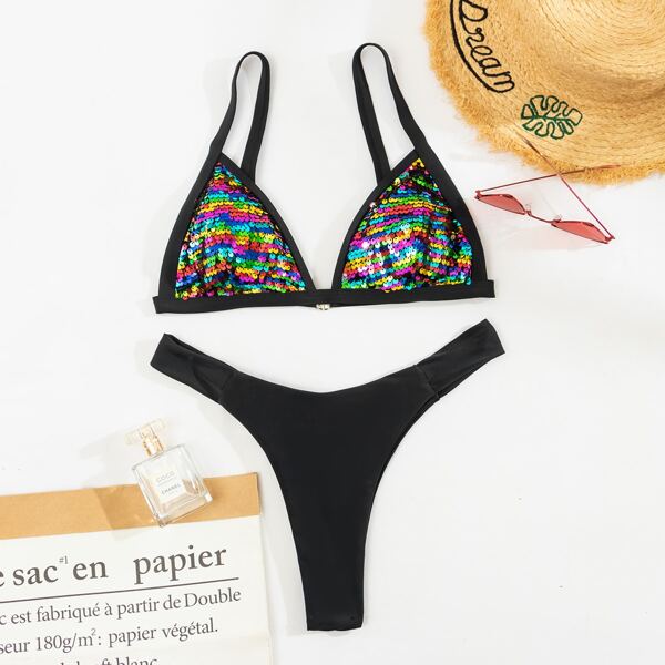 

Contrast Sequin Triangle Bikini Swimsuit, Black