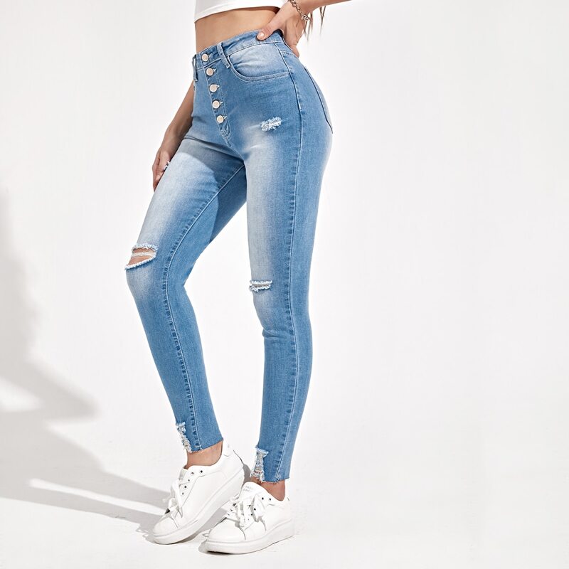 

Button Fly Ripped Detail Skinny Jeans, Light wash