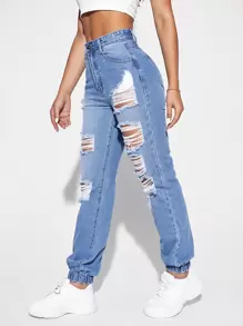 SHEIN EZwear Quần jean Túi Bị tách màu trơn - Rửa nhẹ - Xem 3