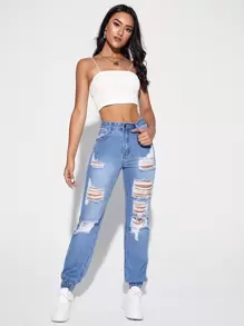 SHEIN EZwear Quần jean Túi Bị tách màu trơn - Rửa nhẹ - Xem 4