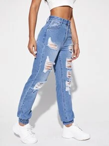 SHEIN EZwear Quần jean Túi Bị tách màu trơn - Rửa nhẹ - Xem 5
