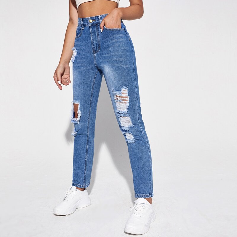 

Zipper Fly Ripped Detail Jeans, Medium wash