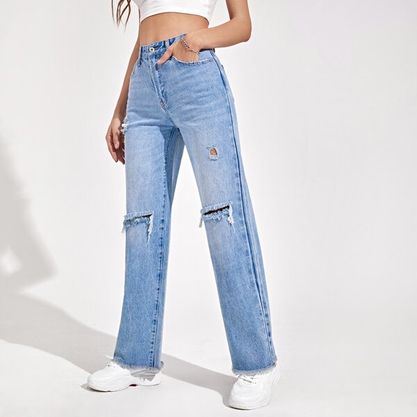 

Ripped Detail Straight Leg Jeans, Light wash
