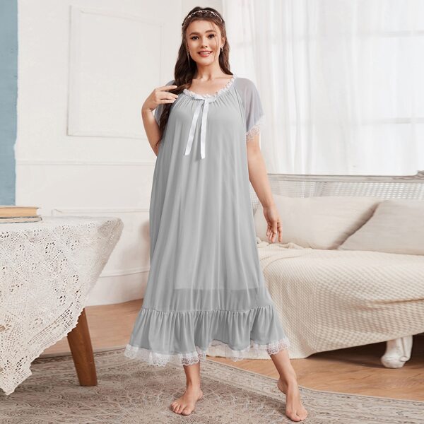 

Plus Bow Front Lace Trimed Night Dress, Light grey