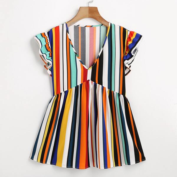 

Plus Striped V-neck Peplum Blouse, Multicolor