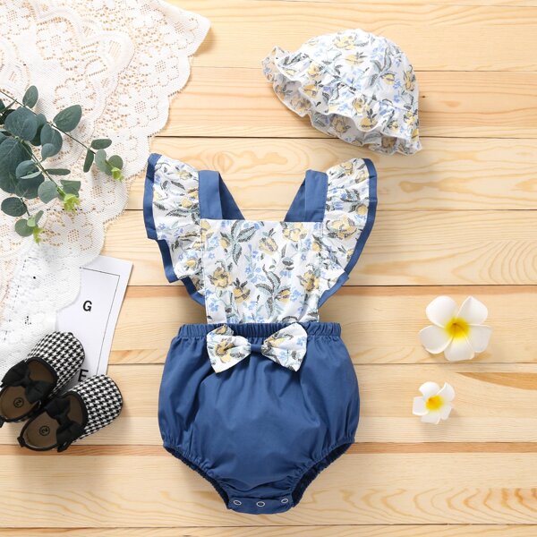 

Baby Girl Floral Bow Front Pinafore Bodysuit With Hat, Blue