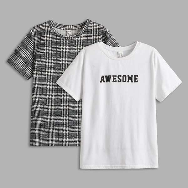 

Boys 2pcs Houndstooth & Letter Graphic Tee, Black and white
