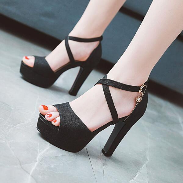 

Glitter Decor Platform Chunky Heels, Black