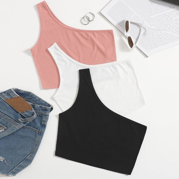 

3 Pack One Shoulder Rib-knit Top Set, Multicolor