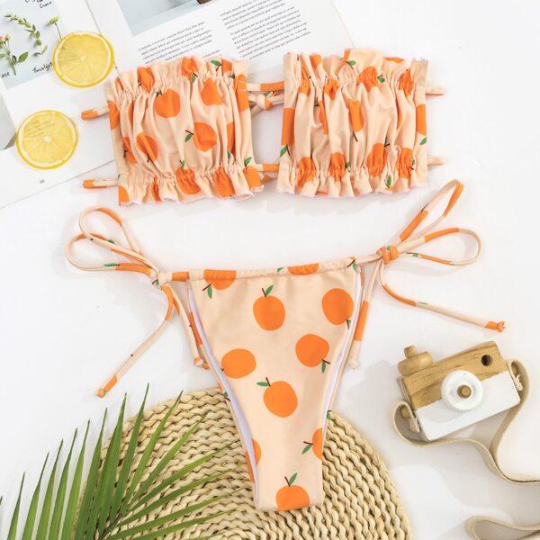 

Orange Print Frill Bandeau Thong Bikini Swimsuit, Multicolor