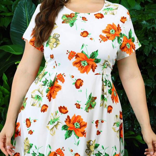 

Plus Floral Print High Waist A-line Dress, Multicolor