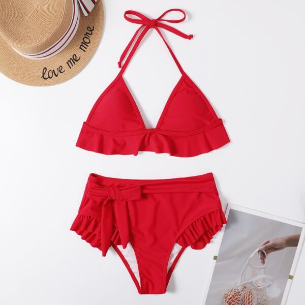 

Ruffle Trim Triangle High Waisted Bikini Swimsuit, Red