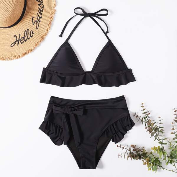 

Ruffle Trim Triangle High Waisted Bikini Swimsuit, Black