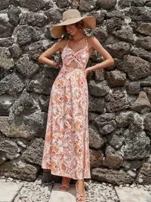 SHEIN VCAY Twist Front Tie Back Floral Cami Dress - Multicolor - View 5