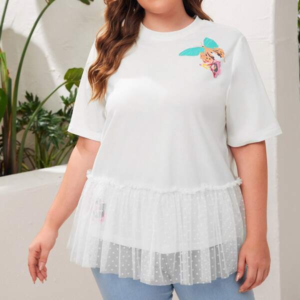 

Plus Butterfly & Floral Print Dobby Mesh Ruffle Hem Top, White