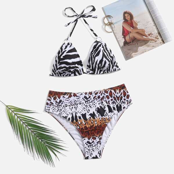 

Plus Animal Print Halter Triangle Bikini Swimsuit, Multicolor