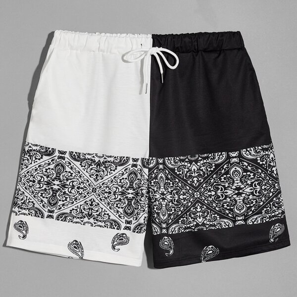 

Men Color-block Paisley Print Drawstring Track Shorts, Black and white