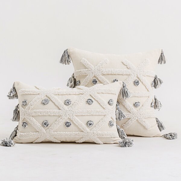 

1pc Tassel Decor Cushion Cover Without Filler, Beige